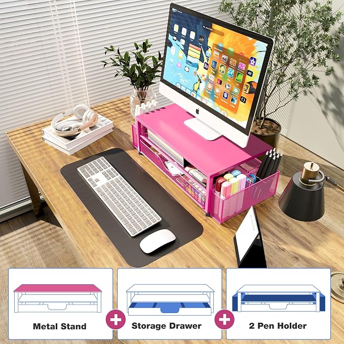 Desk Organizers and Accessories, Computer Monitor Stand Riser with Drawer and 2 Pen Holders, Printer & Laptop Stand, Office Desk Accessories & Workspace Organizers for Home Office Supplies, Carmine Rose - Image 6