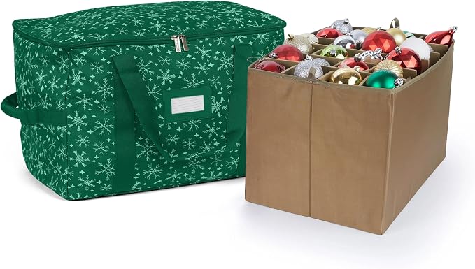 Covermates Keepsakes Adjustable Ornament Storage Bag – Heavy-Duty Polyester, Padded Dividers & FlexGrid Trays – Protective Holiday Ornament Organizer with Handles & Label Window, Green Snowflake by Covermates