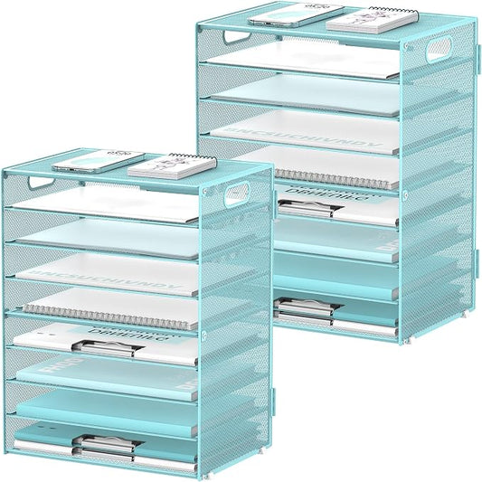 9-Tier Paper Organizer for Desk, Letter Tray with Handles, Blue, 2 Pack | Desk File Organizer with Removable Trays for Sorting Files, Folders, Mail and Printer Paper at Home, School or Office by DALTACK