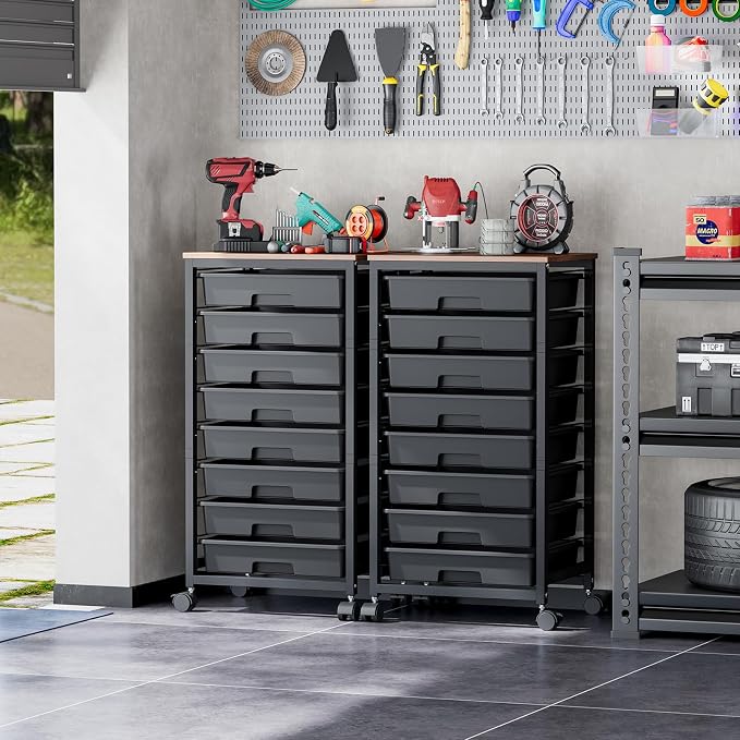 SYKIARIOL Rolling Storage Cart with Drawers, 8 Drawers Utility Cart,Black | Rolling Drawer Cart with Wooden Tabletop,Storage Drawer Cart for Living Room,Classroom,Bedroom,Dorm,Office - Image 2