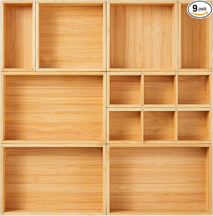 Fabsome Drawer Organizer, Set of 9 Bamboo Wood Kitchen Makeup Desk Junk Tea Drawer Storage Boxes Bins for Cutlery Silverware Utensils Flatware, Small Wooden Container Tray for Bathroom, Office by Fabsome