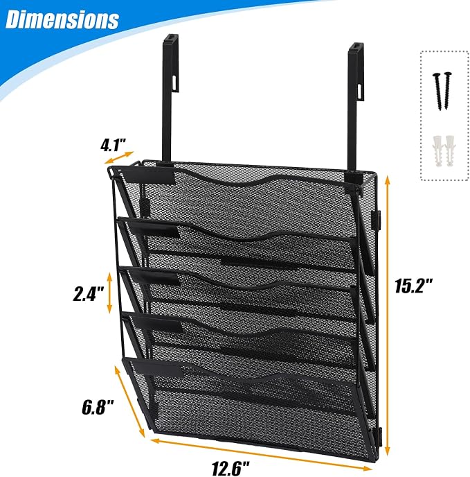 5 Pocket Mesh Hanging Wall File Organizer with Hangers & Nametag Label, Wall Mounted Mail Paper Document Folder Holder, Clipboard Storage Organization Magazine Rack for Office Cubicle, Black - Image 2