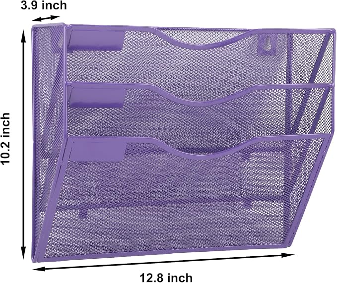 3 Pocket Mesh Hanging Wall File Organizer, Wall Mounted Mail Paper Document Folder Holder, Clipboard Storage Organization Magazine Rack with Nametag Label for Office School Home, Purple - Image 2