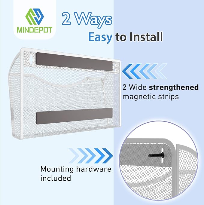 MINDEPOT Magnetic Wall File Organizer, Hanging File Holder, 3 Pack, White | Heavy Duty Iron, Powerful Magnet, Metal Mesh Wall Mount, Single Pocket, for Office School Classroom Home, Letter A4 Size - Image 5