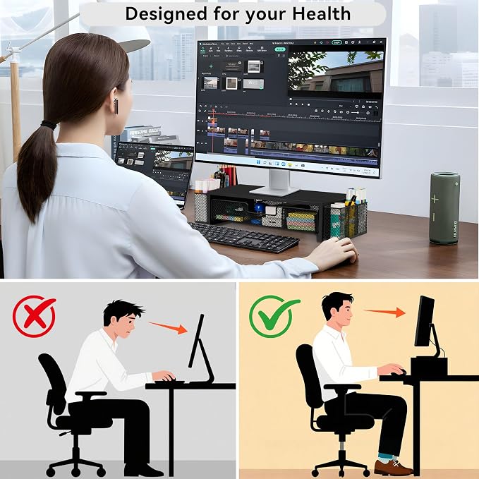 Qupui Computer Monitor Stand Riser with Drawer and Pen Holders, Desk Organizer Shelf and Accessories, Office Desk Accessories, Office Organization, Black - Image 4