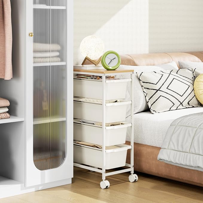 KINGBOARD Slim Rolling Cart with 4 Drawers, Metal Utility Storage Cart | Wooden Tabletop, Lockable Wheels, Table Side Trolley for Bedroom, Children's Room and Office Organization, White - Image 6