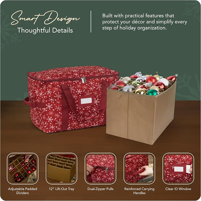 Covermates Keepsakes Adjustable Ornament Storage Bag – Heavy-Duty Polyester, Padded Dividers & FlexGrid Trays – Protective Holiday Ornament Organizer with Handles & Label Window, Red Snowflake - Image 4