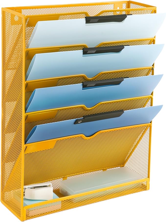 6 Tier Mesh Hanging Wall File Organizer, Desk Vertical Mail Paper Document Folder Holder Rack with Bottom Tray and Nametag Label for Office Home School, Yellow by EASEPRES