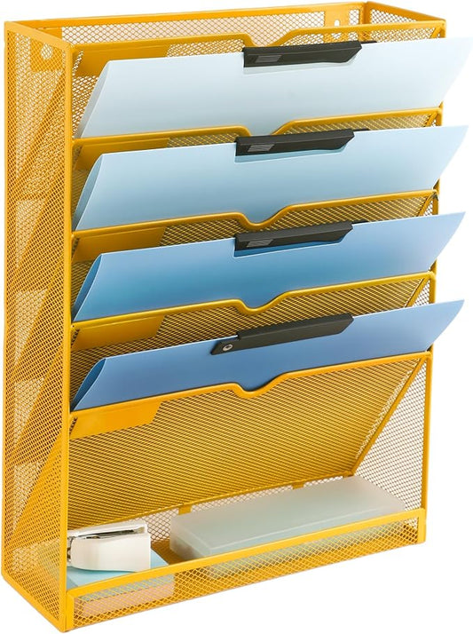 6 Tier Mesh Hanging Wall File Organizer, Desk Vertical Mail Paper Document Folder Holder Rack with Bottom Tray and Nametag Label for Office Home School, Yellow by EASEPRES