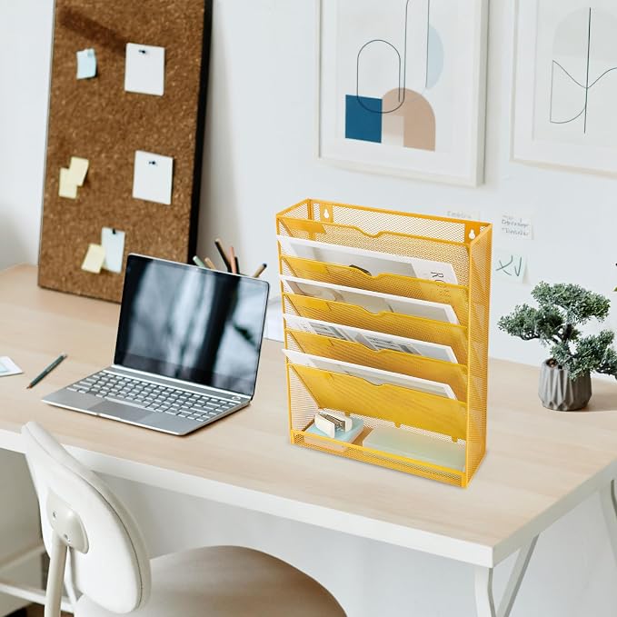 6 Tier Mesh Hanging Wall File Organizer, Desk Vertical Mail Paper Document Folder Holder Rack with Bottom Tray and Nametag Label for Office Home School, Yellow - Image 7