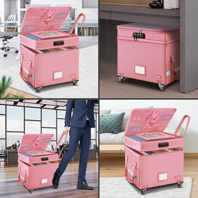 DocSafe File Box with Lock,2-Layer Fireproof Document Box with Wheels,Collapsible Rolling File Storage Organizer with Pockets,Large Portable Home Office Filing Cabinet Safe for Hanging Folders,Pink - Image 3