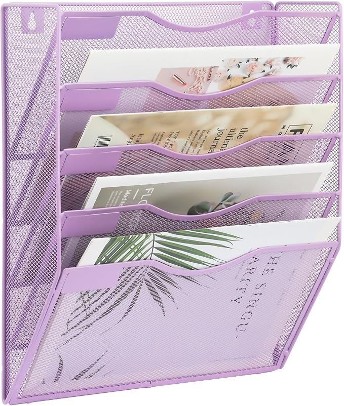 5 Pocket Mesh Hanging Wall File Organizer, Wall Mounted Mail Paper Document Folder Holder, Clipboard Storage Organization Magazine Rack with Nametag Label for Office Home School, Light Purple by EASEPRES