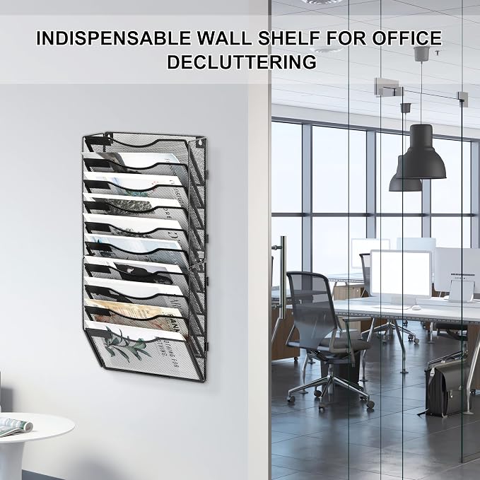 EasyPAG Wall File Organizer for Office 10 Pocket Mesh Wall Mounted Paper Organizer Hanging Folder Holder with Nametag Label for Home School, Black - Image 3