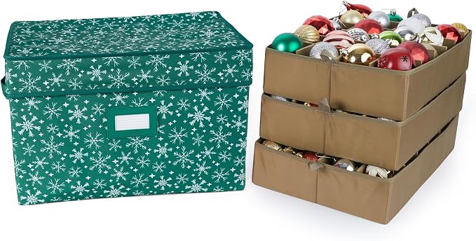 Covermates Keepsakes Adjustable Ornament Storage Box – Heavy-Duty Polyester, Padded Dividers & FlexGrid Trays – Protective Holiday Organizer with Stackable Walls & Label Window, Green Snowflake by Covermates