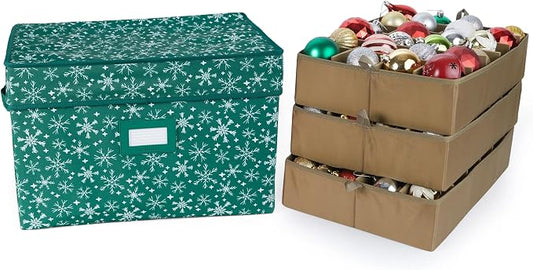 Covermates Keepsakes Adjustable Ornament Storage Box – Heavy-Duty Polyester, Padded Dividers & FlexGrid Trays – Protective Holiday Organizer with Stackable Walls & Label Window, Green Snowflake by Covermates