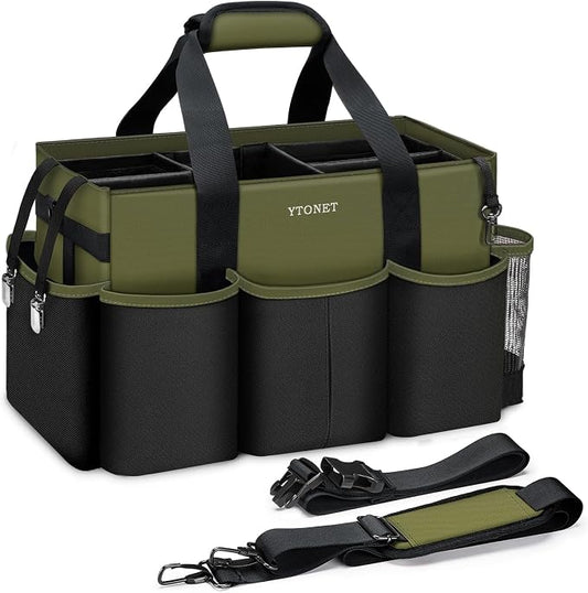 Ytonet Foldable Cleaning Supply Caddy, Wearable Cleaning Tote with Dividers | Large Cleaning Bag for Housekeepers, Kitchen Supplies Organizer with Shoulder Straps, Under Sink & Car Detailing Bag, Green by YTONET