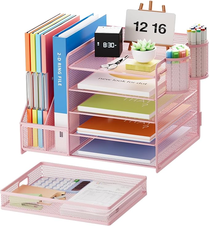 Marbrasse Desk Organizer with File Holder, 5-Tier Paper Letter Tray Organizer with Drawer and 2 Pen Holder, Mesh Desktop Organizer and Storage with Magazine Holder for Office Supplies(Pink) - Image 2