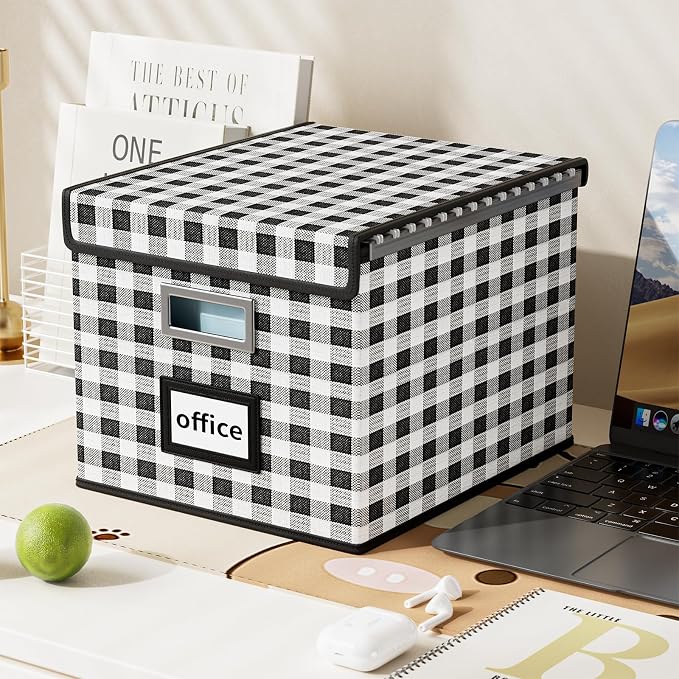 File Organizer Box with Lids, Collapsible File Folder Organizer | File Box with Plastic Slides for Document, Filing Bin for Letter Size Hanging File Folders (2 Pack, Black & White Lattice) - Image 6