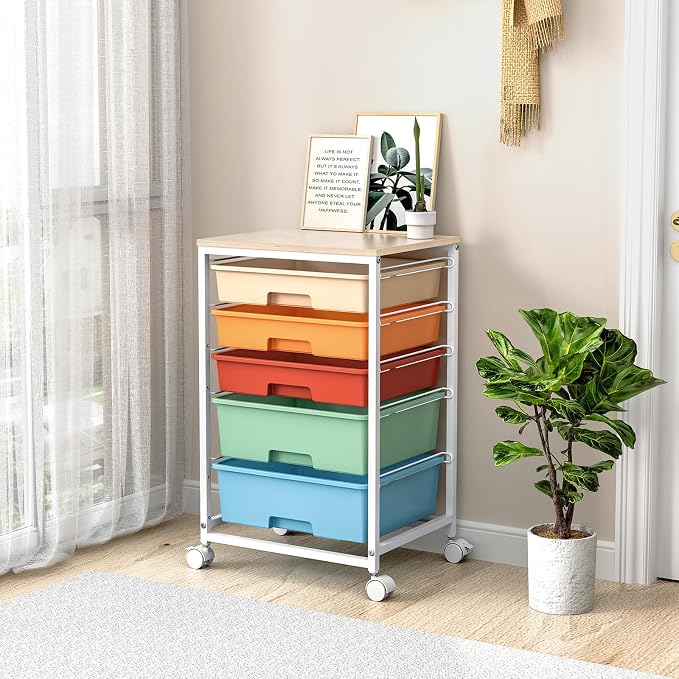 SYKIARIOL Utility Cart with Drawers,5 Drawers Storage Cart,Macaron | 5-Tiers Storage Cart with Drawers with Lockable Wheels for Craft Organizers and Storage,Home Office,Classroom,Dorm,Playroom - Image 8