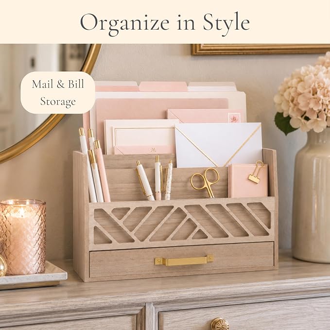 BLU MONACO | Wooden Mail Organizer with Drawer and Gold Handle | Outgoing Mail Holder and Letter Sorter for Desk | Natural Wood Desktop Paper Organizer - Image 3