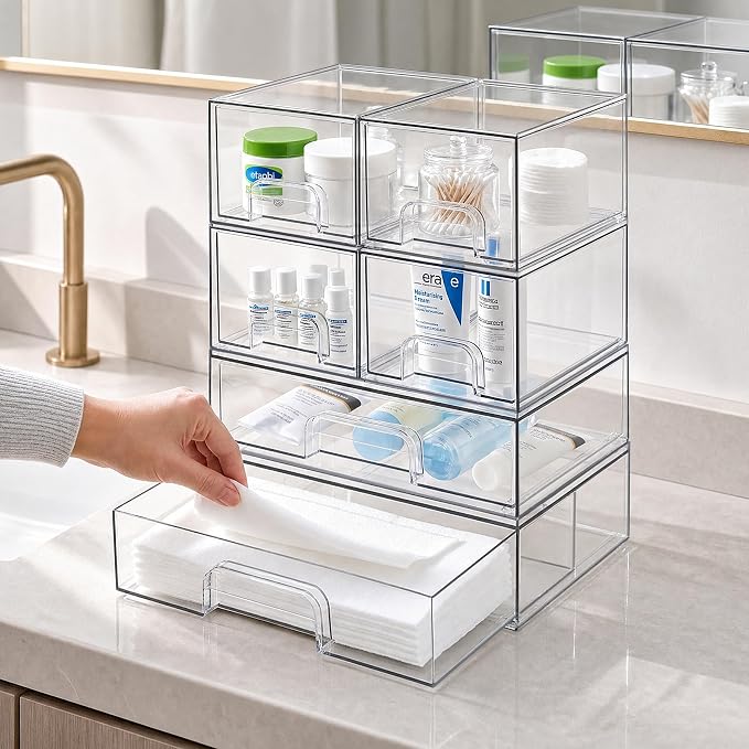 Clear Stackable Storage Drawers, Acrylic Bathroom Makeup Organizer, Plastic Bins for Art Tool & Sketch, Sturdy and Durable Containers for Countertop, Cabinet, Vanity, Pantry Organization - Image 2