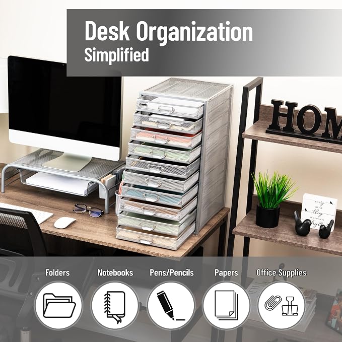 Mind Reader 10-Drawer Desk Organizer for Office Supplies, Crafts, Mail Sorting & More, Metal Mesh, Silver - Image 5