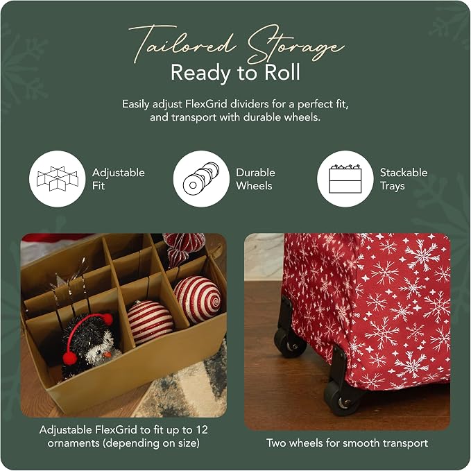 Covermates Keepsakes Rolling Adjustable Ornament Storage Bag – Heavy-Duty Polyester, FlexGrid Trays & Padded Dividers – Protective Holiday Organizer with Wheels, Handles & ID Window, Red Snowflake - Image 5