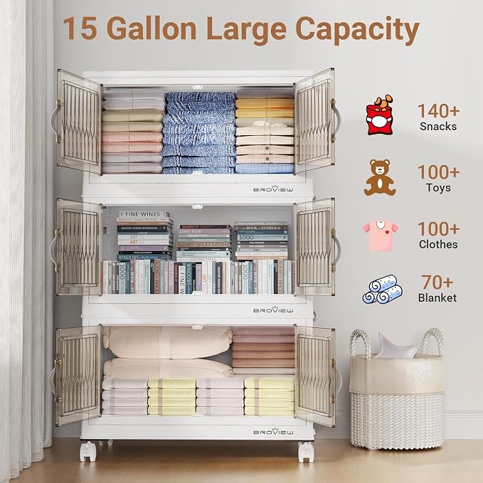 BROVIEW 300Qt Stackable Storage Bins with Lid, Extra Large Closet Organizer Collapsible Drawer Boxes with Wheels, Folding Plastic Cabinet Containers for Home Kitchen Room Organization, 5Pack White - Image 4