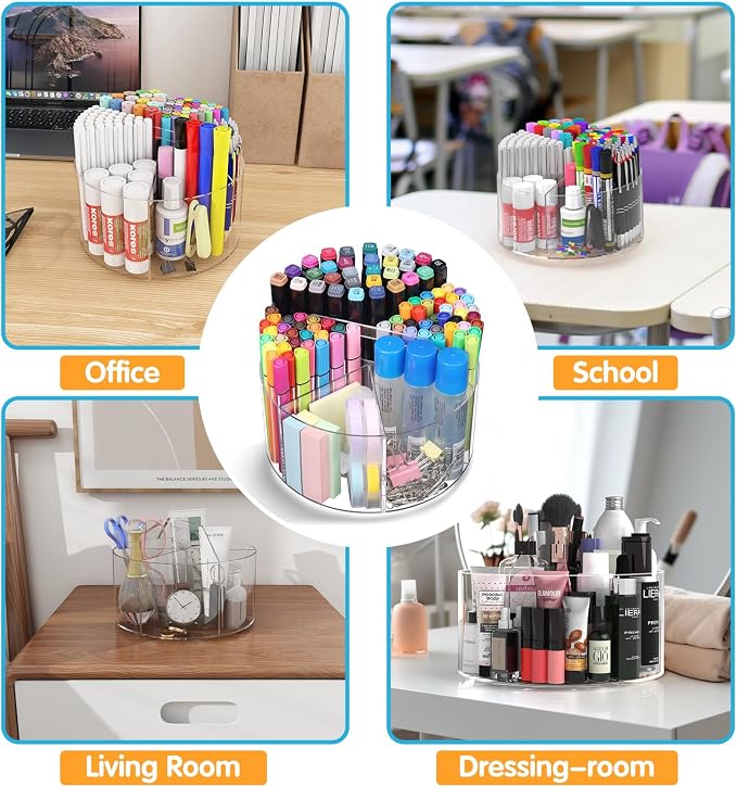 Mefirt Acrylic Pen Holder, 360 Degree Rotating Pen Organizer, Rotating Desk Acrylic Office Organizer with 6 Compartments, Marker Organizer for Kid, Crayon Caddy School Art Supply Storage Organizer - Image 4