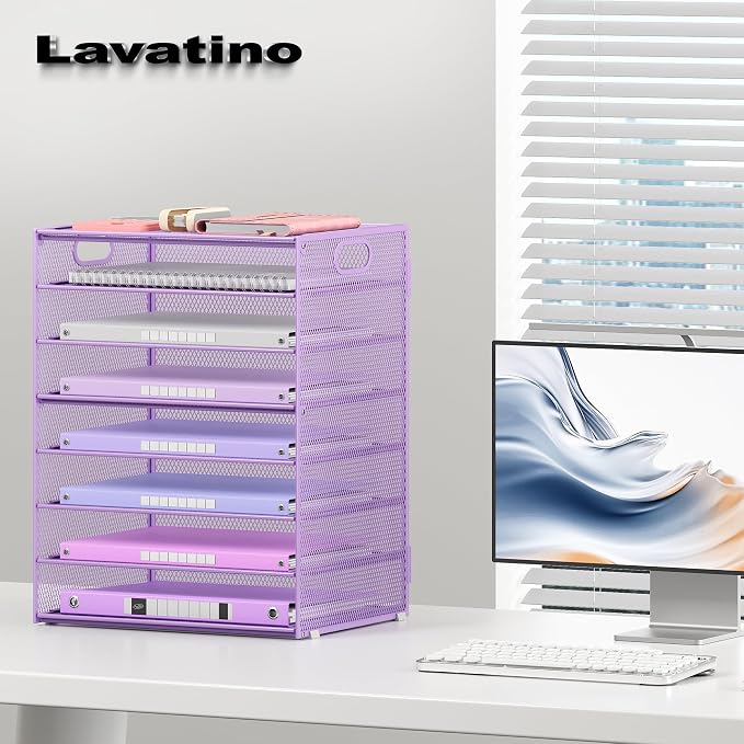 Lavatino 2 Pack 8-Tier Office Desk File Organizer, Letter Tray Paper Organizer with Handle, Including 5 Adjustable Slide Trays for Organizing Desk Workspace Accessories and Supplies (Purple Mesh) - Image 7