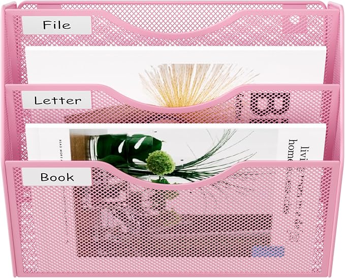 EasyPAG 3 Pocket Mesh Wall File Organizer, Hanging Paper Folder Holder with Classify Label, Vertical Wall Mount Mail Organizer for Office Home Classroom, Pink - Image 6