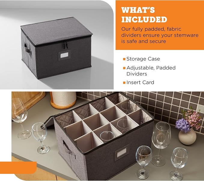 Wine Glass Storage Case | Hard Shell Felt Dividers | Gray | Hard Shell Case Holds 12 Wine Glasses In 4x4 Felt Compartments. Stackable, Top-Load, Label Tag. Keeps Stemware Chip-Free. - Image 3
