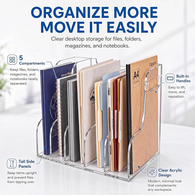 Acrylic Magazine Holder, 5 Vertical Compartments Files Sorter Organizer Rack, Clear Desk Document Storage Bin For, Magazines, Binders, Books, Home Office Workspace Desktop Organization - Image 3
