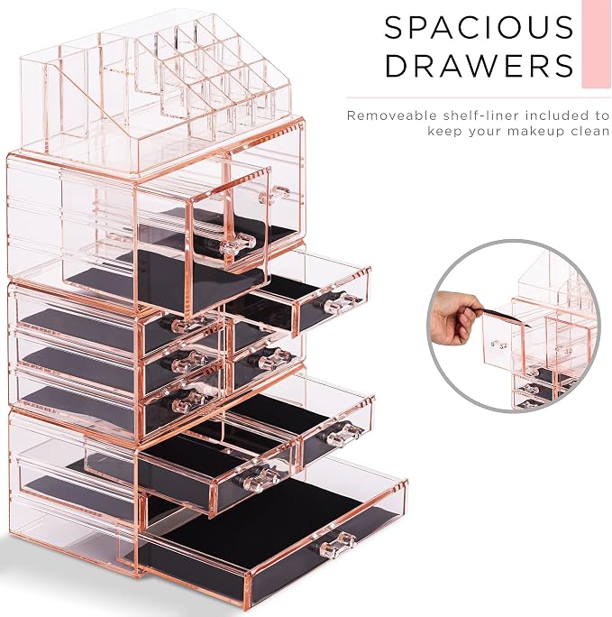 Sorbus Large Makeup Organizer - Clear Stackable Jewelry & Makeup Organizer For Vanity, Bathroom Storage, Dresser - 12 Drawers Cosmetic Beauty Organizers and Storage with Lipstick, Makeup Brush Holder - Image 5