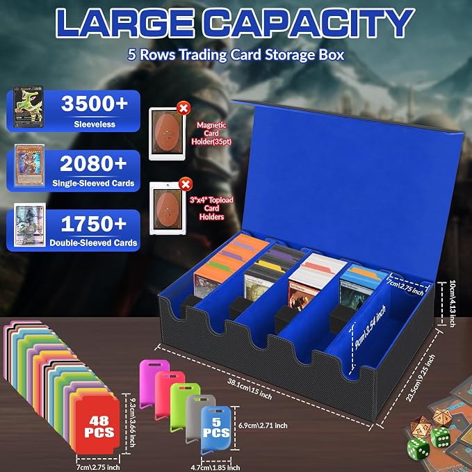 AOBOPLE 3500+ Trading Card Storage Box,Vertical 5-Row and Magnetic Card Box | PU leather Card Storage,48 Dividers + 10 Card Supports, Card Organizer For MTG TCG Commander,Gift For Collectors - Image 2