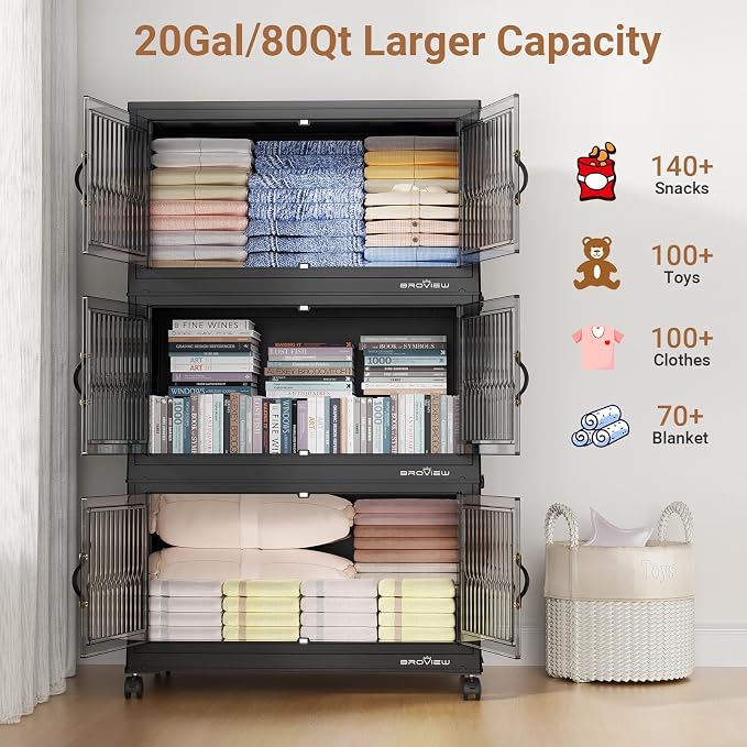 BROVIEW 320Qt Stackable Storage Bins with Lid, Extra Large Closet Organizer Collapsible Drawer Boxes with Wheels, Folding Plastic Cabinet Containers for Home Kitchen Room Organization, 4Pack Black - Image 4