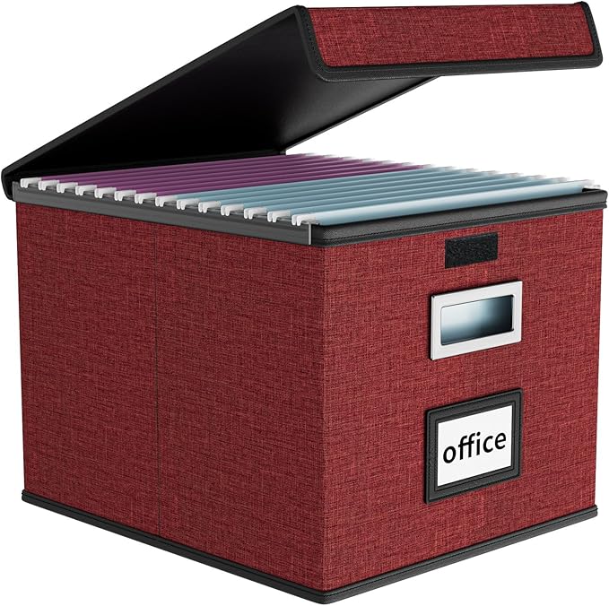 File Organizer Box with Lids, Collapsible File Folder Organizer | File Box with Plastic Slides for Office Document Storage, Filing Bin for Letter Size Hanging File Folders (1 Pack, Dark Red) by Huolewa