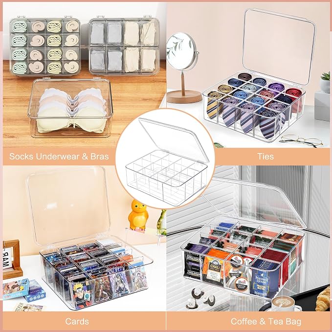 Sock Underwear Organizer, 16 Compartment Adjustable Dividers Tie Socks Underwear Drawer Organizers for Closet, Clear Plastic Storage Containers Box with Lids for Ties Scarf Socks Bras - Image 5