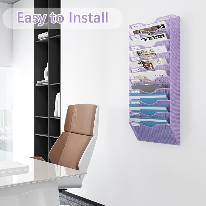 EasyPAG 10 Pocket Mesh Wall File Organizer, Hanging Paper Folder Holder with Classify Label, Vertical Wall Mount Mail Organizer for Office Home Classroom, Purple - Image 4