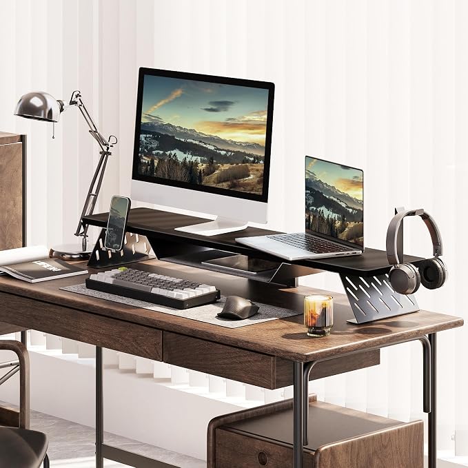 Fenge Dual Monitor Stand, Wooden Desk Shelf with Headphone & Phone Holder | 42.5" Monitor Riser with Storage Shelf, 2-Tier Monitor Shelf with Metal Leg for Home Office Organizer, Black - Image 2