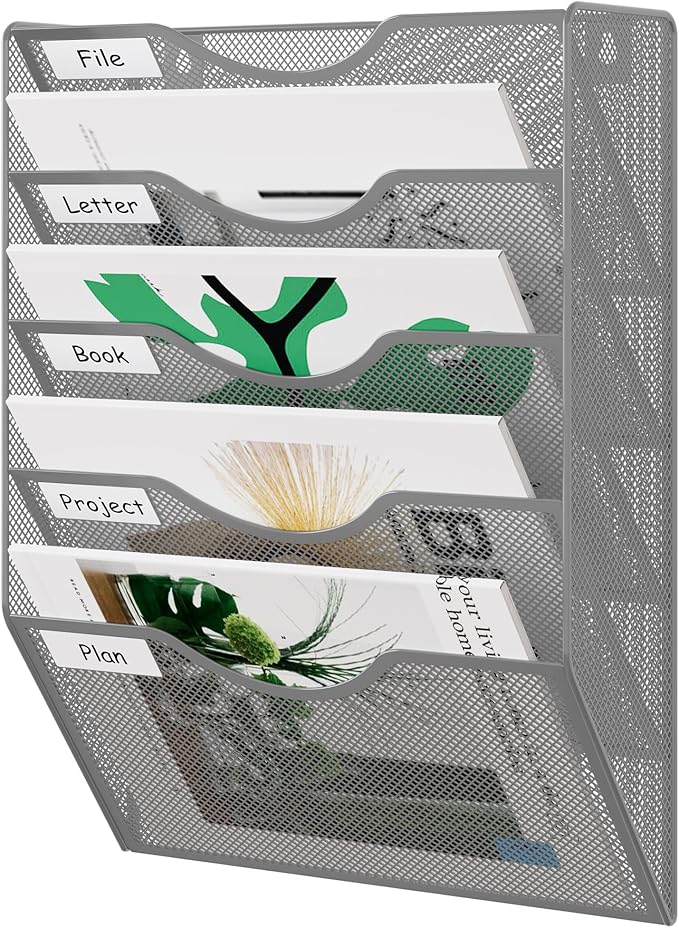 EasyPAG Wall File Organizer 5 Tier Hanging Paper Folder Holder, Zero Assembly Metal Mesh Wall Mounted Mail Organizer for Office Home Classroom Narrow Spaces, Silver by EasyPAG