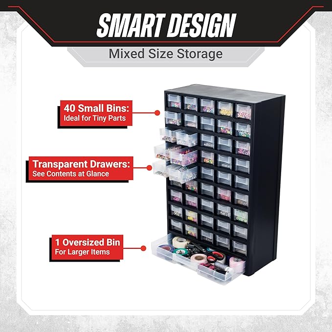 Storage Bin with Drawers - 41-Drawer Plastic Tool Organizer - Hardware or Craft Cabinet for Storing Beads, Toys, or Nuts and Bolts by Stalwart (Black) - Image 3