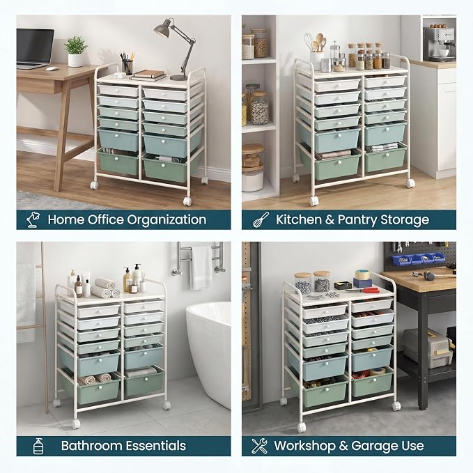 COSTWAY 12-Drawer Rolling Storage Cart, Moveable Art Craft Organizer | Lockable Wheels, Metal Shelf, Files Arrangement Tools Makeup Storage Cart for Office, Home, School (Green Gradient) - Image 8