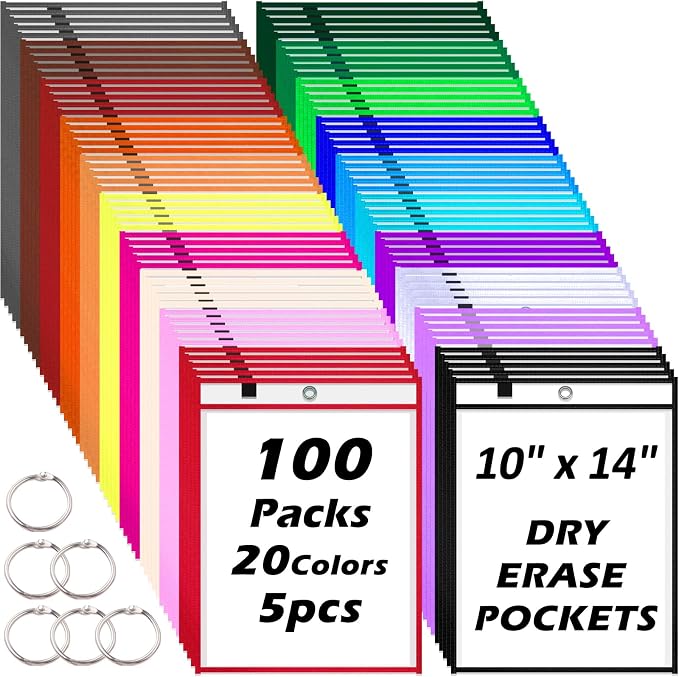 Oleitodh 100 Packs Oversized Reusable Dry Erase Pocket Sleeves with 6 Rings, 20 Assorted Colors 10x14 Ticket Holders, Clear Plastic Sheet Protectors, Teacher School Classroom Supplies by Oleitodh