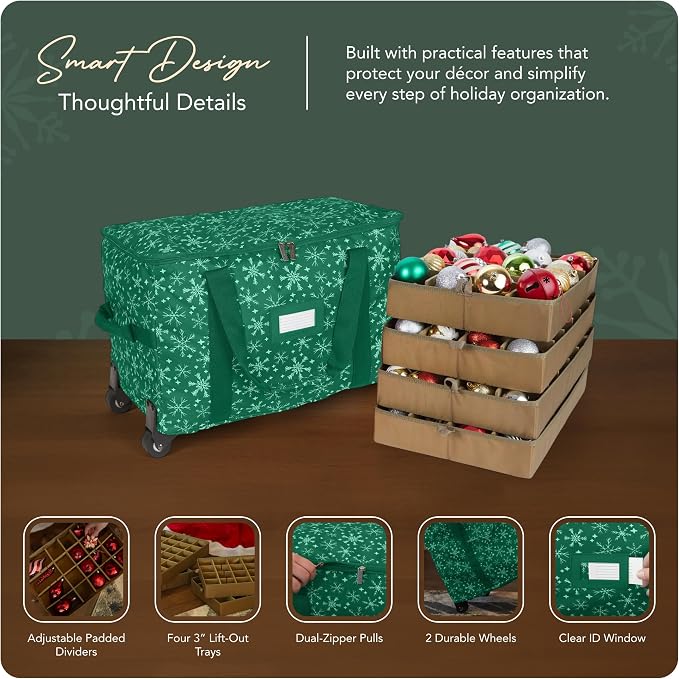 Covermates Keepsakes Rolling Adjustable Ornament Storage Bag – Heavy-Duty Polyester, FlexGrid Trays & Padded Dividers – Protective Holiday Organizer with Wheels, Handles & ID Window, Green Snowflake - Image 4