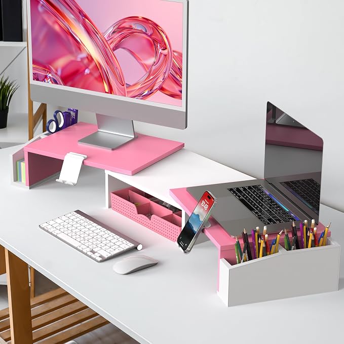 Simple Houseware Desk Dual Monitor Stand Riser with Drawer, Pink | Customizable Organizer Tray, Built-In Phone & Tablet Slot and Side Storage - Image 6
