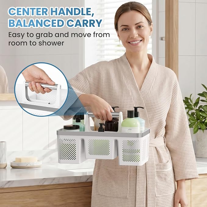 BYUNER 2Pack Plastic Shower Caddy: Portable Shower & Bathroom Caddy Tote with Handle, 4 Divided Compartments, Hard Plastic Shower Basket with All-Side Drainage for College Dorm Room Essentials - Image 4
