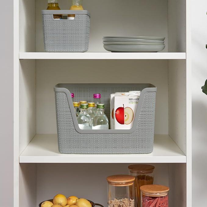 Curver Set of 4 Large 18L Easy Access Jute Decorative Plastic Organization and Storage Baskets - Perfect Bins for Home Office, Closet Shelves, Kitchen Pantry and All Bedroom Essentials, Grey - Image 2