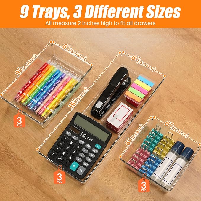 9 Pack Clear Plastic Drawer Organizer Set, Acrylic Non Slip Non Cracking Kitchen Drawer Storage Tray Large Size Divider, Multifunctional Storage for Cosmetics, Bathroom, Tools, Kitchen and Office - Image 2