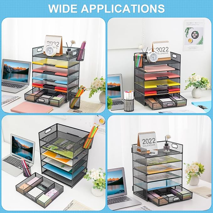 Lavatino 6-Tier Paper Organizer Letter Tray with Drawer - Mesh Desk File Paper Office Supplies Sorter Organizer for Office, Home or School File Folder Holder - Black - Image 4